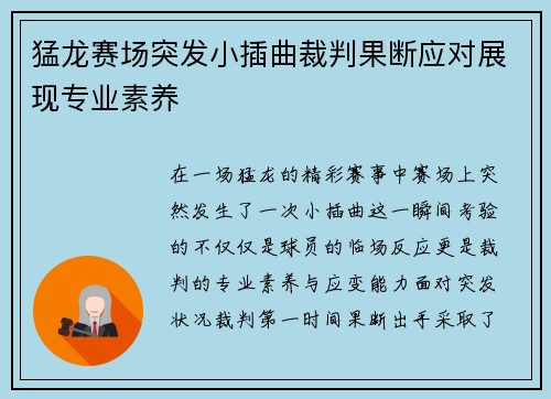 猛龙赛场突发小插曲裁判果断应对展现专业素养